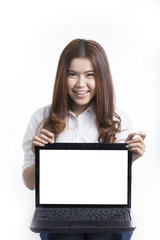 Portrait of Asian woman using Laptop computer White background