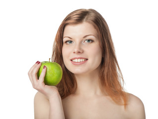 Happy beautiful young woman with apple