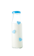 Bottle of milk with blue hearts