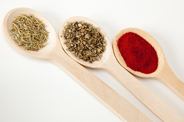Spice assortment in wooden spoons