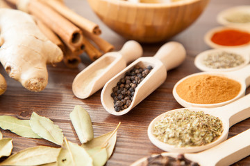 Spice assortment on a wooden table