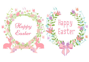 Happy Easter cards, floral wreath, vector set