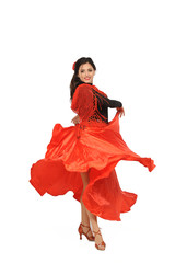 young woman dancing flamenco. Isolated on white - obrazy, fototapety, plakaty
