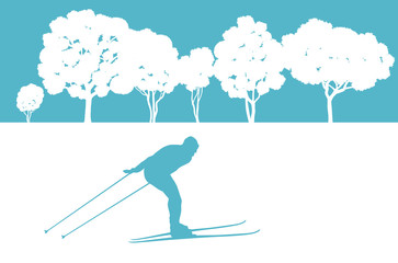 Skier in winter forest vector background abstract concept