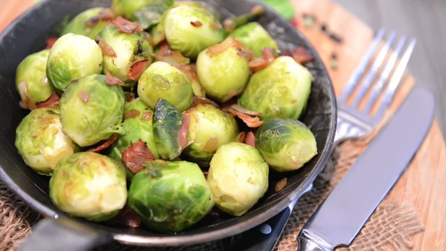 Portion of fried Brussel Sprouts (loopable)