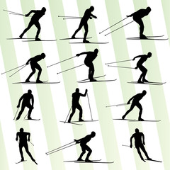 Active young man skiing set sport silhouette vector background