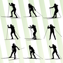 Active young woman skiing set sport silhouette vector background