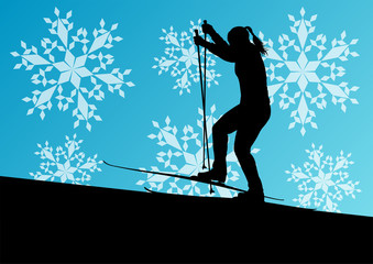 Active young woman girl skiing sport silhouette in winter ice an