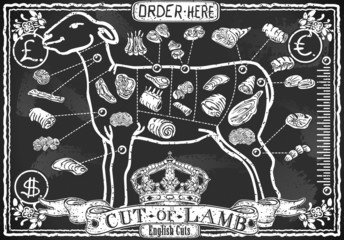Fototapeta premium Cut of Lamb on Vintage Blackboard