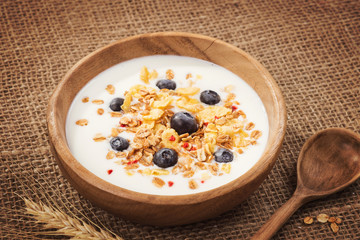 Muesli with yogurt and fresh blueberries