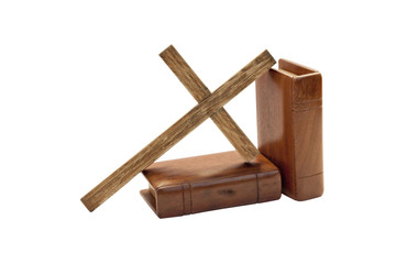 Cross And Two Bibles With Wooden Covers