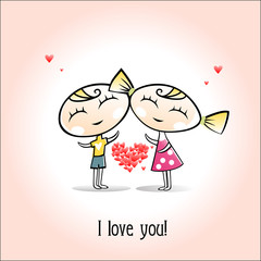 Valentines card. Happy Boy and girl hold red heart