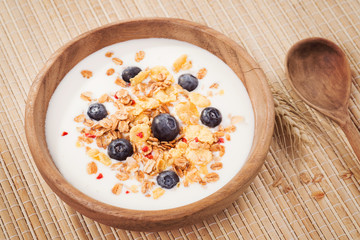 Muesli with yogurt and fresh blueberries. Healthy breakfast.