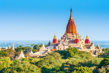 Ancient pagodas in Bagan with altitude balloon Myanmar - 61595521