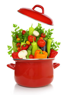 Fototapeta Colorful vegetables in a red cooking pot