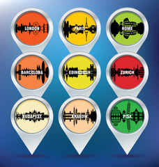 Map pins with London, Paris, Rome, Barcelona, Edinburgh, Zurich,