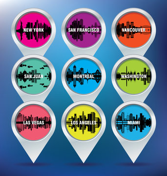 Map pins with New York, San Francisco, Vancouver, Puerto Rico, M