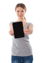 Fototapeta premium Woman showing a digital tablet