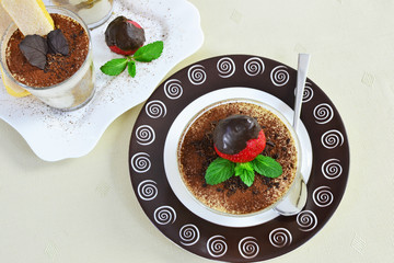 Tiramisu on brown plate