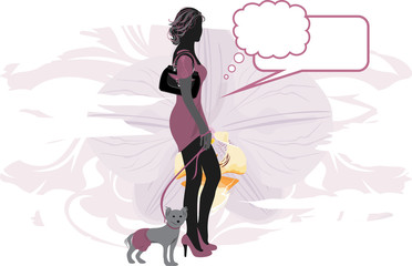 Silhouette of elegant woman with dog on a floral background
