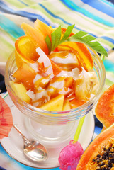 Fototapeta na wymiar fresh fruits salad with papaya,banana,orange,pineapple and cocon