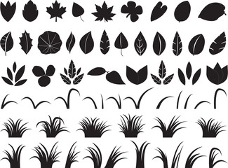 Large collection of leafs and grass illustrated on white