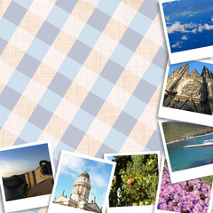 Set of travel photos of Europe on a tartan background