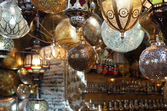 Moroccan glass and metal lanterns lamps in Marrakesh souq
