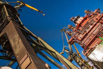 Transport ship under construction at shipyard