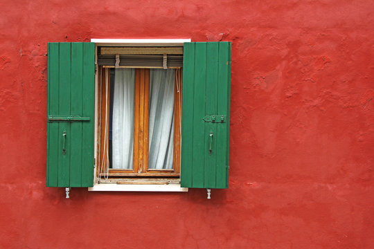 Old House Red Wall With Green Wooden Window