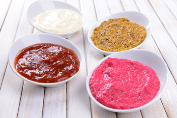 Various sauces on table close-up