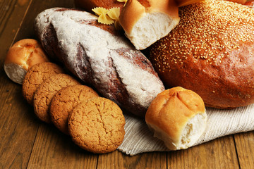 Bakery products on wooden table