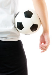 Backward of businessman holding soccer ball