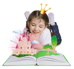 Little girl reading book and dreaming of princess castle