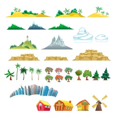 Tuinposter Set of trees, mountains, hills, islands and buildings. © ddraw