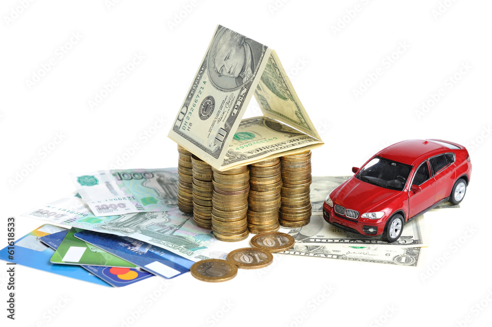 Wall mural house made from money, credit cards and car isolated on white ba