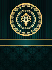 Vector greeting card with golden frame on vintge seamless patter