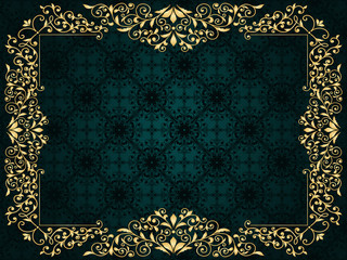 Vector greeting card with golden frame on vintge seamless patter