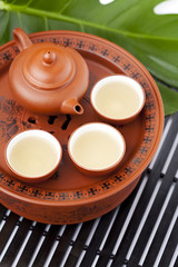 Chinese terracotta tea set with green tea