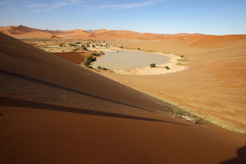 Water in Sossusvlei seen from the top of the dune