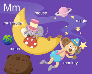 Alphabet.M letter.mushroom,moo n,mouse,magic,monkey.