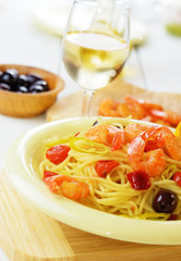 Seafood spaghetti pasta dish with shrimps