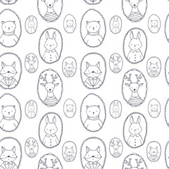 Animals portraits pattern : bear, deer, rabbit, fox