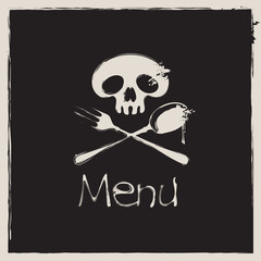 Cover for a menu with a human skull with a spoon and fork