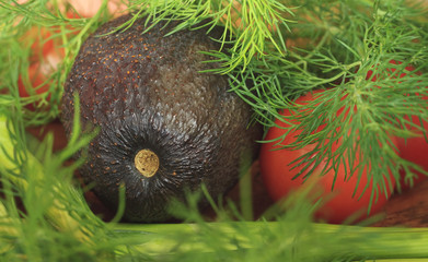 ripe avocado, tomatoes dill, selective focus