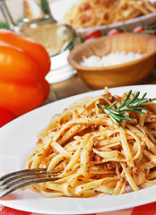 Pasta bolognese on the wooden table