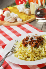 Pasta bolognese on the wooden table
