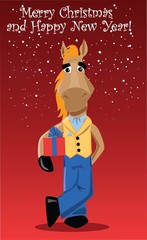 Забавный лошадь с настоящим, фон Рождество