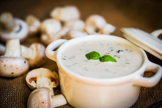 Mushroom soup in white bowl