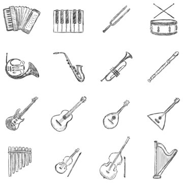 Vector Set of Sketch Musical Instruments Icons